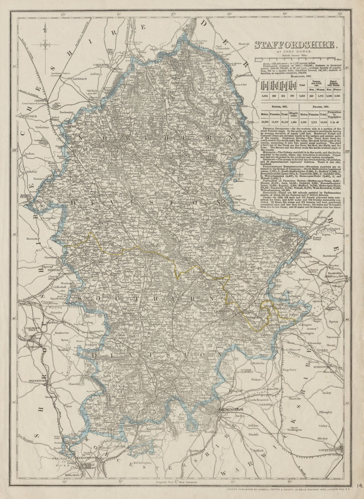 STAFFORDSHIRE antique county map. Showing exclave & railways. DOWER 1863